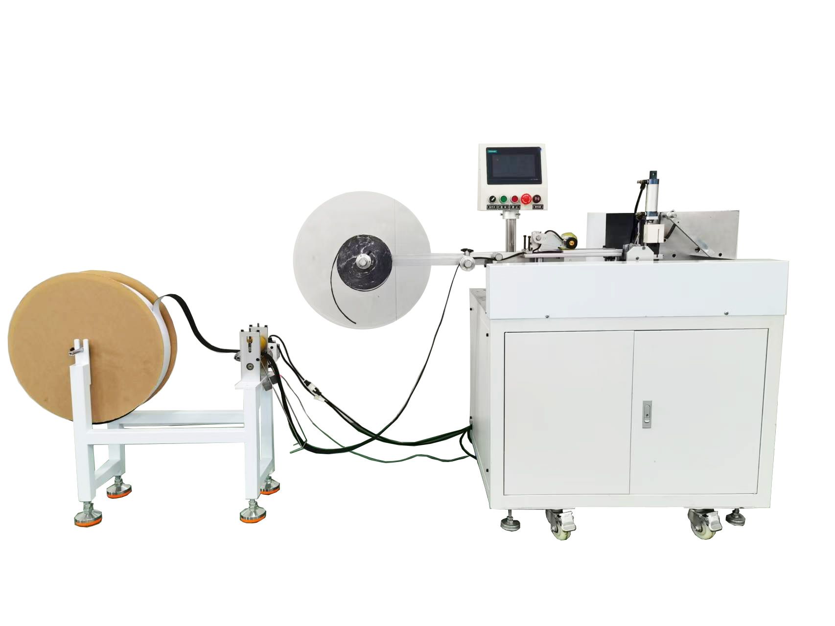 Velcro roll cutting and coiling taping ends machine